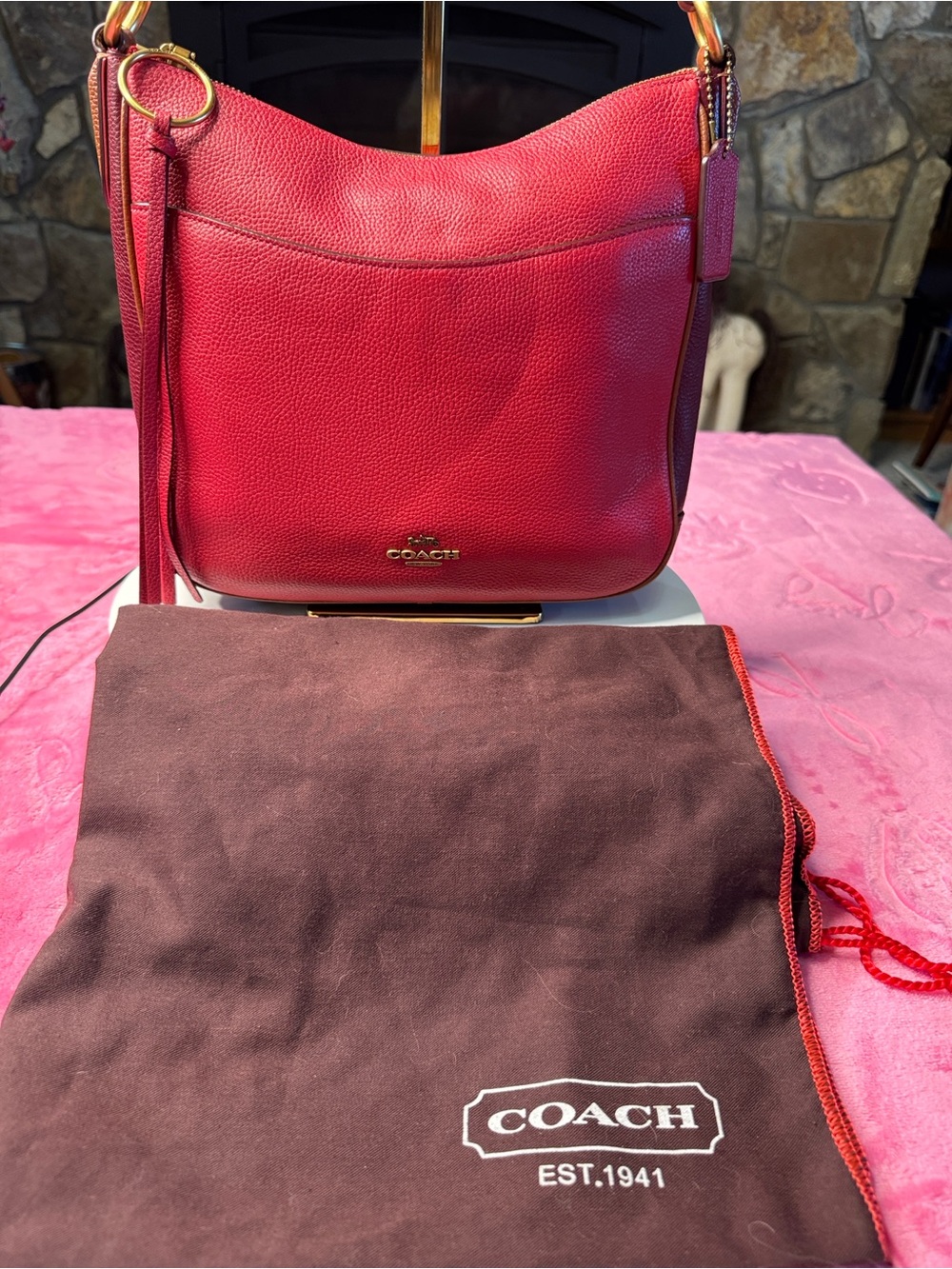 Coach Colorblock Pebble Crossbody C2057 Red/Burgundy + Dustbag & Fringe Charm